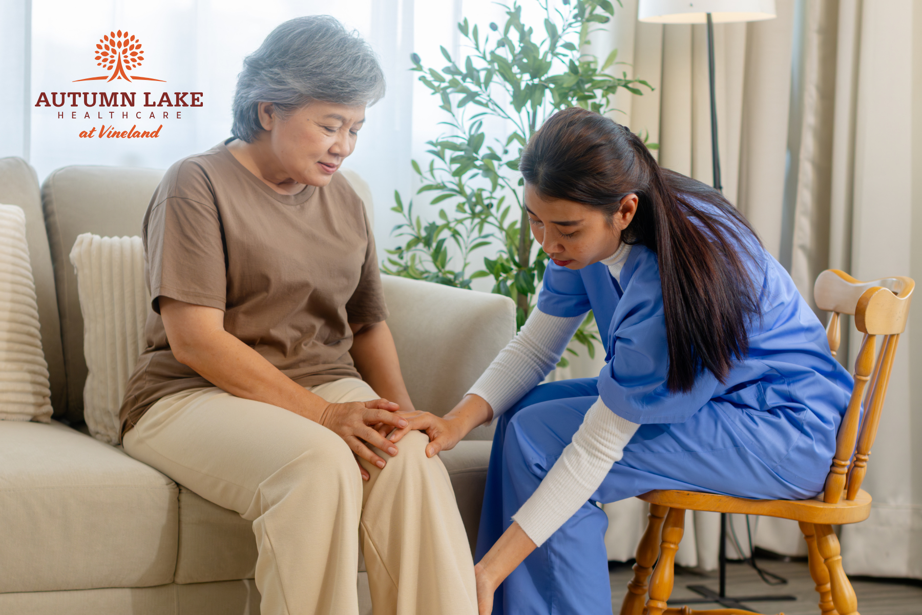 A nurse in blue scrubs provides physical care to an elderly woman seated on a sofa.